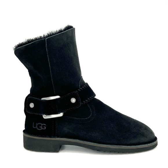 Ugg Cedric Biker Boot Size 6 Black Suede Shearling Uggs Ankle Booties New NWT - Picture 2 of 12